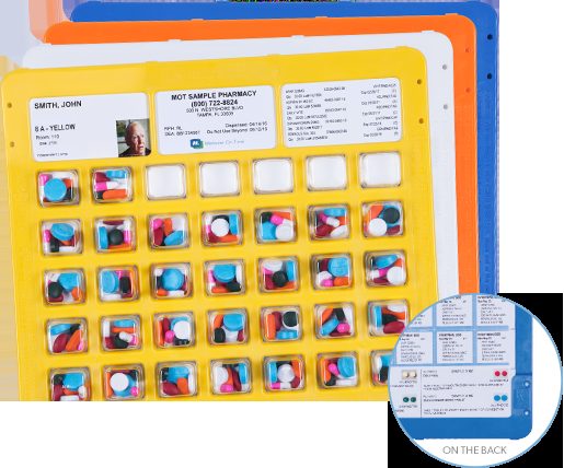A single multi-dose blister card showing individual sealed cavities of medication with a printed label.